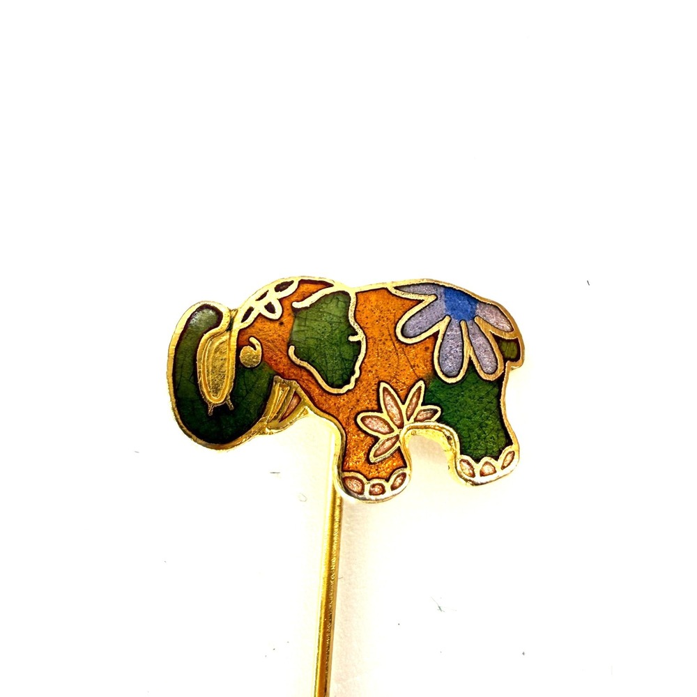 Vintage Gold Tone‎ Enamel Chinese Cloisonne Elephant Stick Pin 3" Length